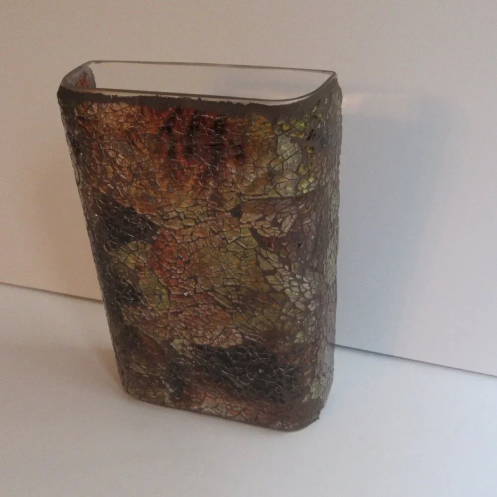 Wall Pocket Vase Amber/Gold Brown Crackle Mosaic Glass 8